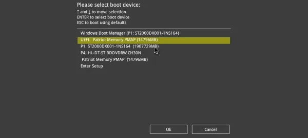 Menú de booteo de una computadora para seleccionar el dispositivo de arranque