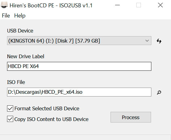 Programa ISO2USB para instalar Hiren's BootCD PE en un pendrive