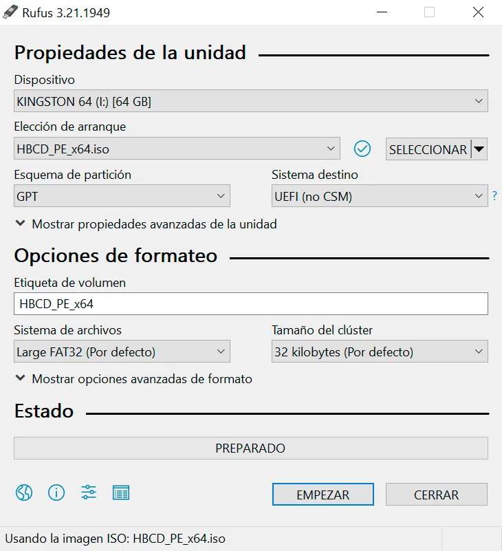 Rufus 3.21.1949 para instalar Hiren's BootCD en un pendrive