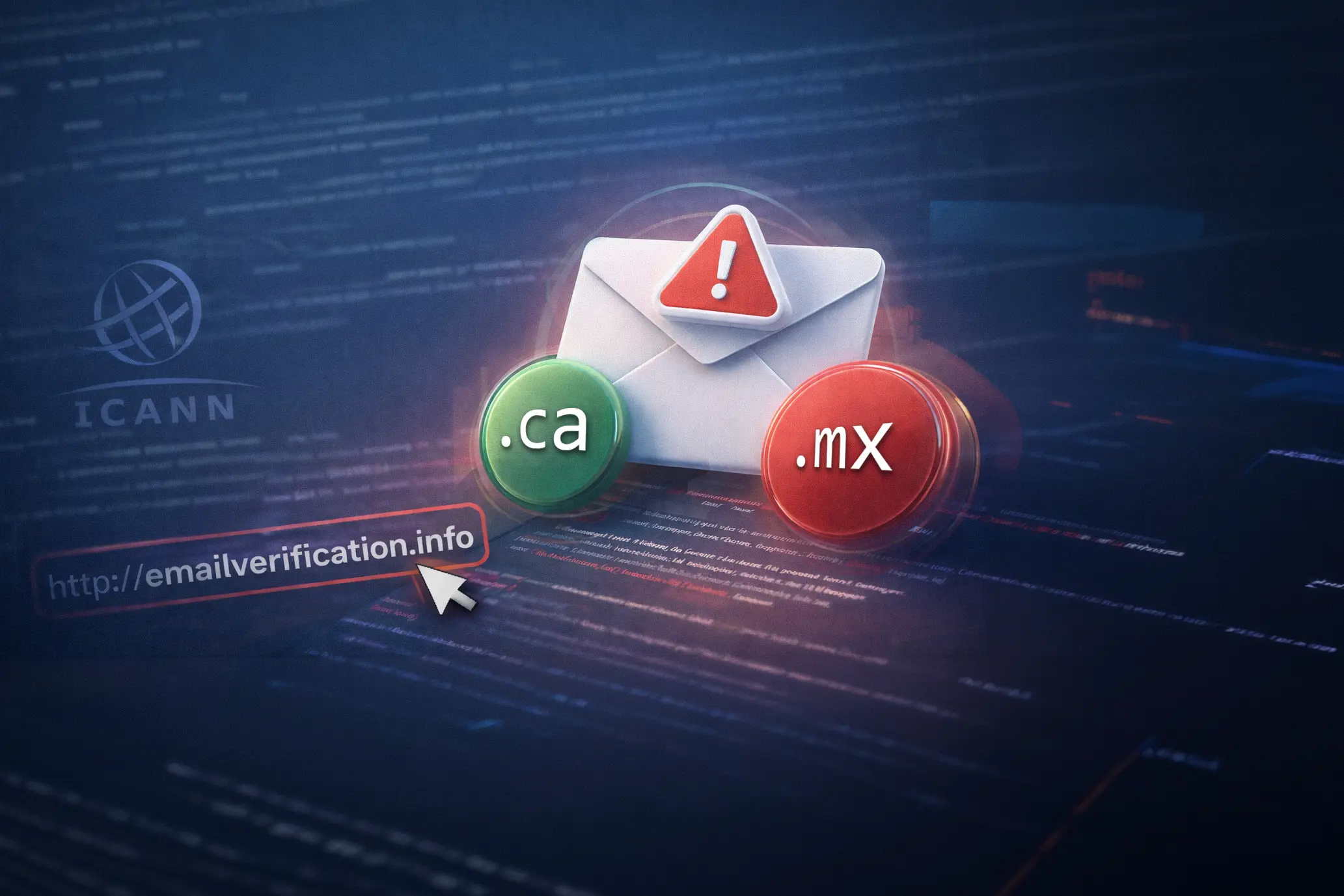 emailverification.info Ilustración de verificación de dominio con correo sospechoso emailverification.info, dominios .mx y .com.mx y advertencia de validación ICANN